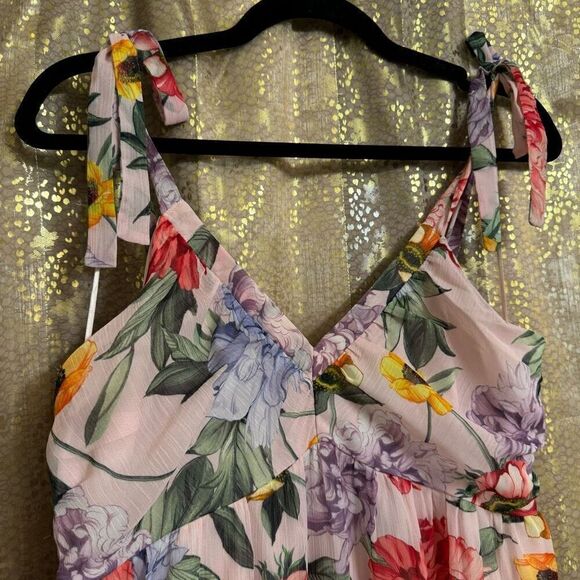 Express Pink Floral Spring Chiffon Tie Strap Tiered Dress Small NWT - Picture 5 of 9